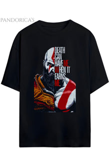 GOD OF WAR TASARIM SERİSİ KRATOS "DEATH CAN HAVE ME WHEN IT EARN ME" YAZILI BASKILI UNISEX TİŞÖRT