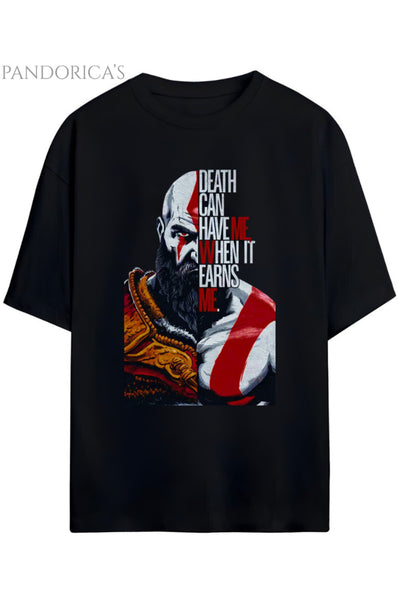 GOD OF WAR TASARIM SERİSİ KRATOS "DEATH CAN HAVE ME WHEN IT EARN ME" YAZILI BASKILI UNISEX TİŞÖRT