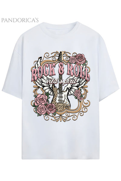 Pandorica's ROCK TASARIM SERİSİ ROCK&ROLL Yazılı Gitar Baskılı Unisex Pamuklu T-shirt