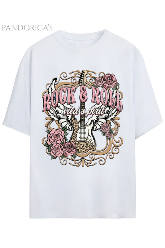 Pandorica's ROCK TASARIM SERİSİ ROCK&ROLL Yazılı Gitar Baskılı Unisex Pamuklu T-shirt