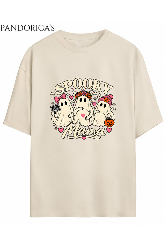 Kadın Hamile Temalı "SPOOKY MAMA" Yazılı Cadılar Bayramı Sevimli Hayalet Baskılı Oversize Pamuklu Tişört Bisiklet Yaka