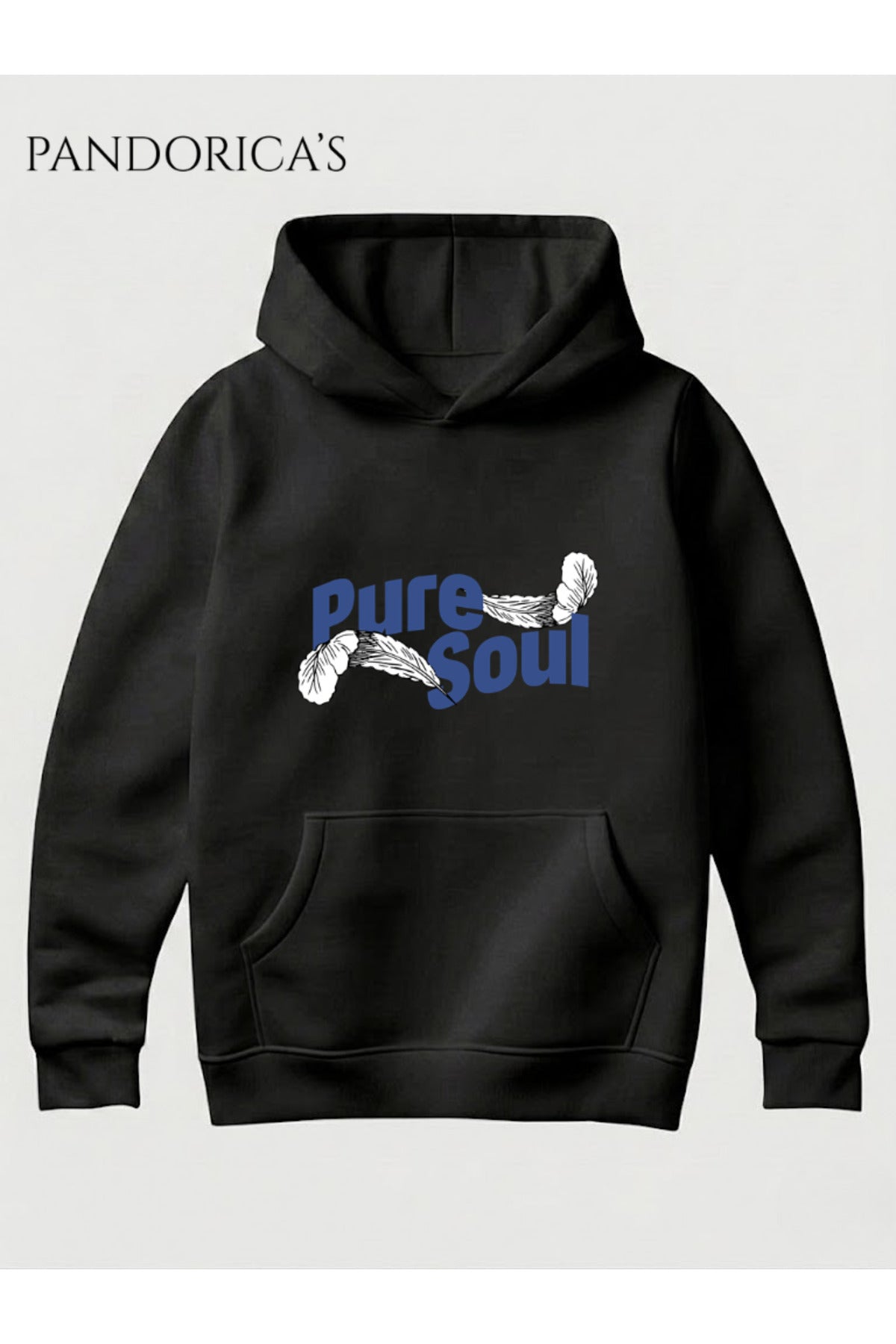 Siyah Unisex Pure Soul Yazılı Ve Tüy Baskılı Kapüşonlu Pamuklu Sweatshirt (Hoodie) - 42