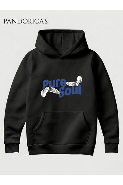 Unisex Pure Soul Yazılı Ve Tüy Baskılı Kapüşonlu Pamuklu Sweatshirt (Hoodie)