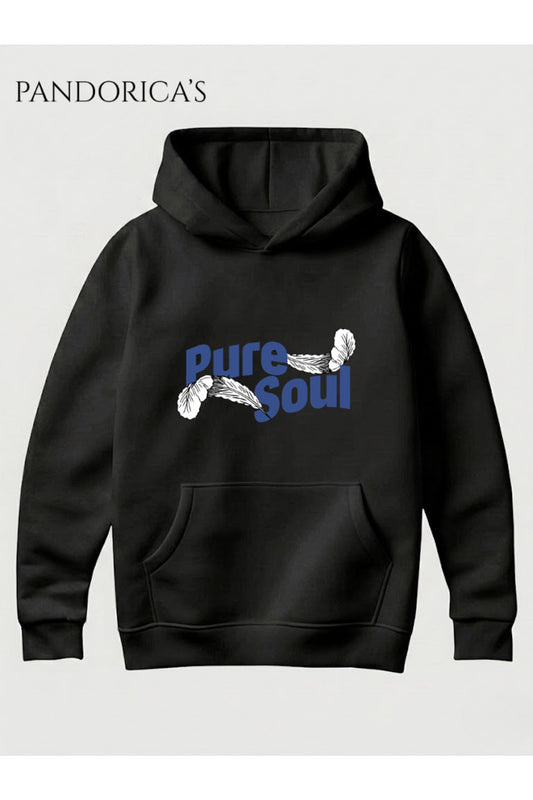 Unisex Pure Soul Yazılı Ve Tüy Baskılı Kapüşonlu Pamuklu Sweatshirt (Hoodie)