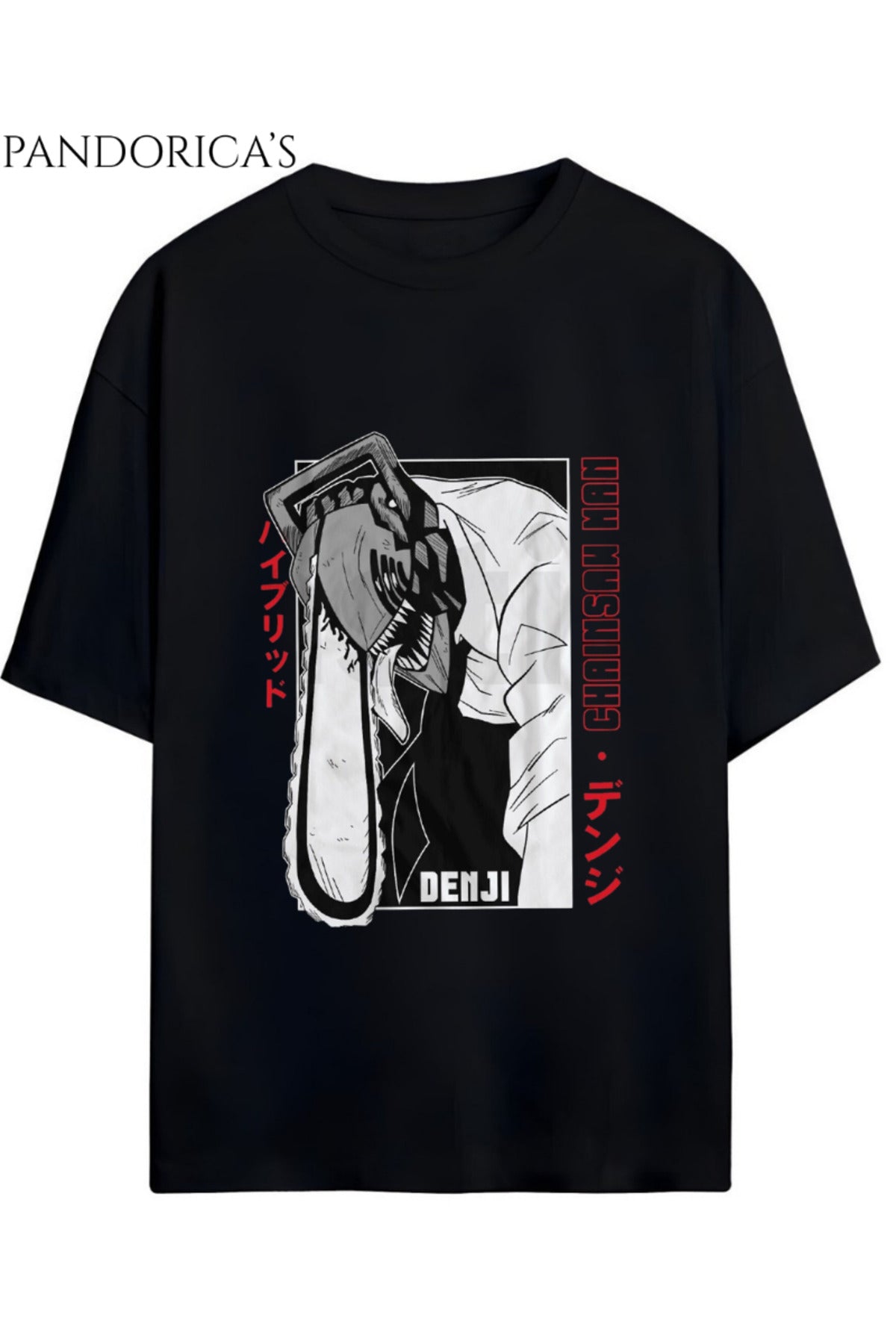 Siyah Chainsaw Man Anime Tasarımı Yazılı Baskılı Unisex Pamuklu Relaxed Kalıp Tişört - 15