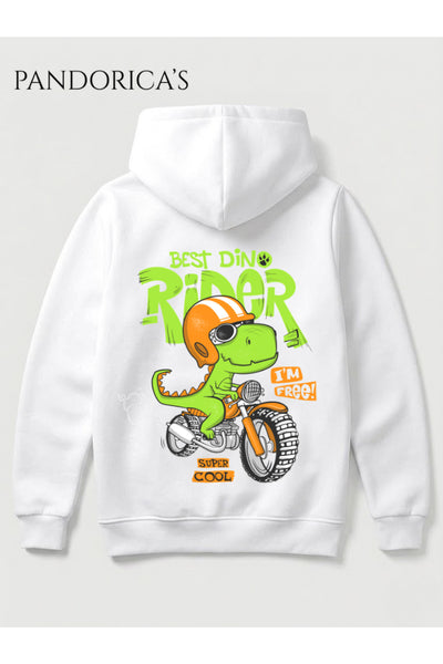 Dinazor Tasarım Serisi "DINO RIDER" Yazılı Sırt Baskılı Unisex Kapüşonlu Pamuklu Sweatshirt (Hoodie)