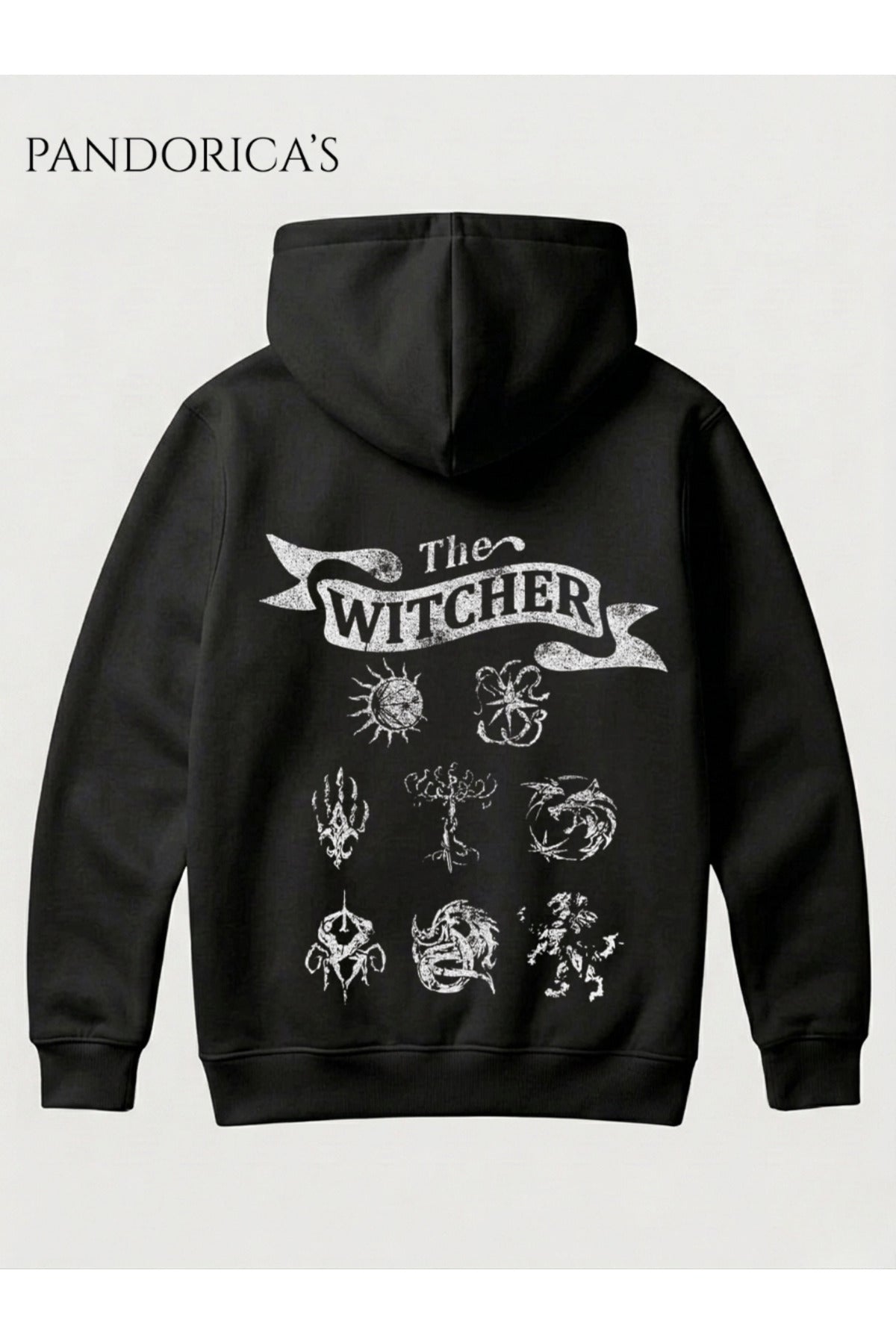 The Witcher Semboller Tasarımı Yazılı Sırt Baskılı Unisex Kapüşonlu Pamuklu Gamer Sweatshirt Hoodie