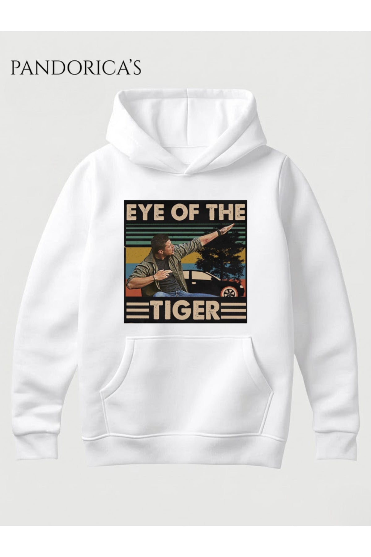 Beyaz Supernatural Özel Tasarımı" Eye Of The Tiger" Dean Winchester İkonik Sahne Yazılı Baskılı Unisex Kapüşonlu Pamuklu Sweatshirt Hoodie - 132
