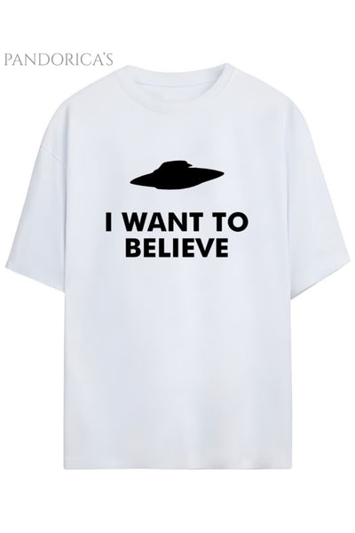 Pandorica's THE X-FILES Tasarımı Baskılı "I WANT TO BELIEVE" Yazılı Unisex Pamuklu T-shirt