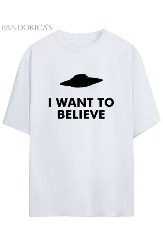 Pandorica's THE X-FILES Tasarımı Baskılı "I WANT TO BELIEVE" Yazılı Unisex Pamuklu T-shirt