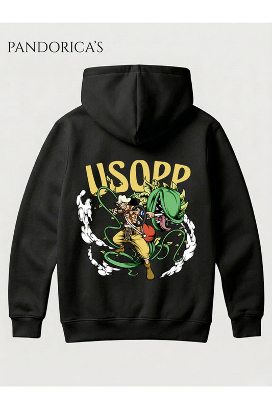 One Piece Özel Tasarım Serisi "USOPP" Yazılı Sırt Baskılı Unisex Kapüşonlu Pamuklu Sweatshirt (Hoodie)