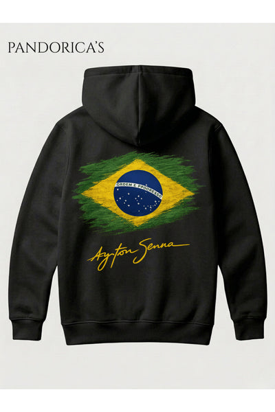Ayrton Senna Tasarımı Sırt ve Ön Baskılı Unisex Kapüşonlu Pamuklu Sweatshirt (Hoodie)