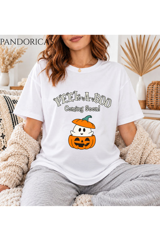 Kadın Hamile Temalı "Peek A Boo Coming Soon" Yazılı Cadılar Bayramı Bal Kabağı Baskılı Oversize Pamuklu Tişört Bisiklet Yaka