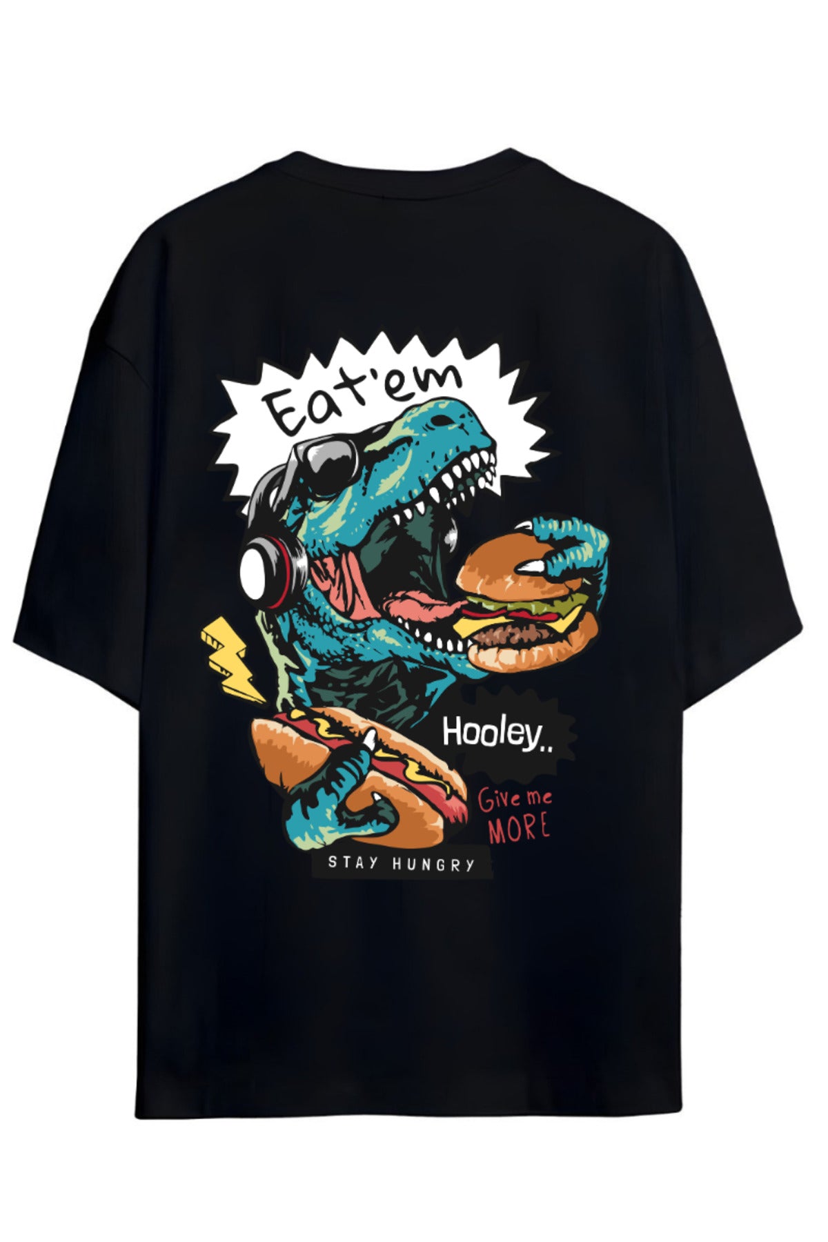 Dino Tasarım Serisi "Eat'em" Yazılı Dinazor Sırt Baskılı Pamuklu Unisex Tişört