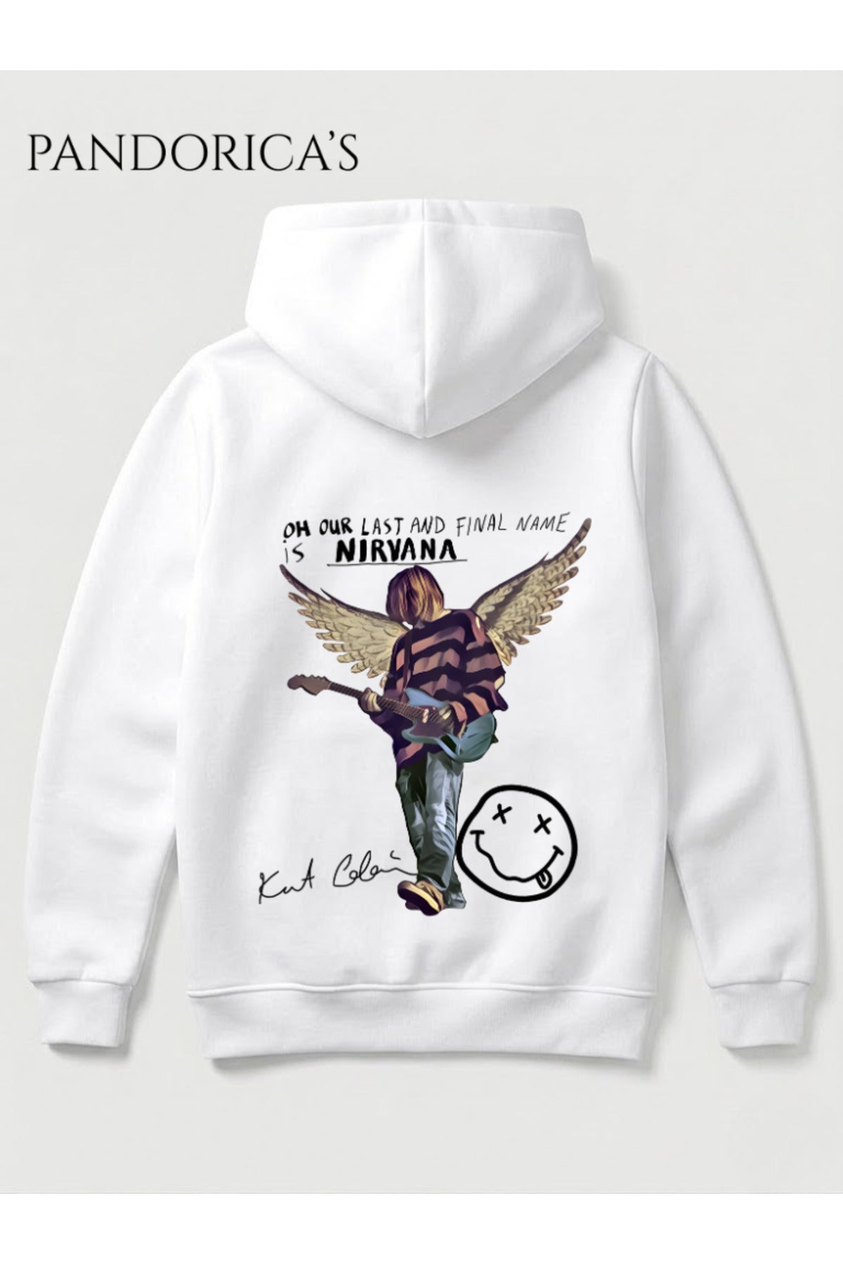 Beyaz Nirvana Kurt Cobain Tasarımı Yazılı Sırt Baskılı Unisex Kapüşonlu Pamuklu Sweatshirt Kanguru Cep Hoodie - 123