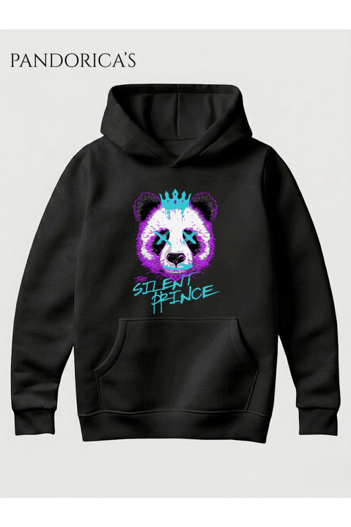 Siyah Unisex The Silent Prince Panda Baskılı Kapüşonlu Sweatshirt Graffiti Streetwear Pamuklu Hoodie - 78