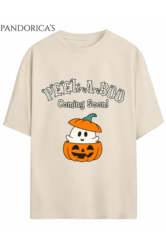 Kadın Hamile Temalı "Peek A Boo Coming Soon" Yazılı Cadılar Bayramı Bal Kabağı Baskılı Oversize Pamuklu Tişört Bisiklet Yaka