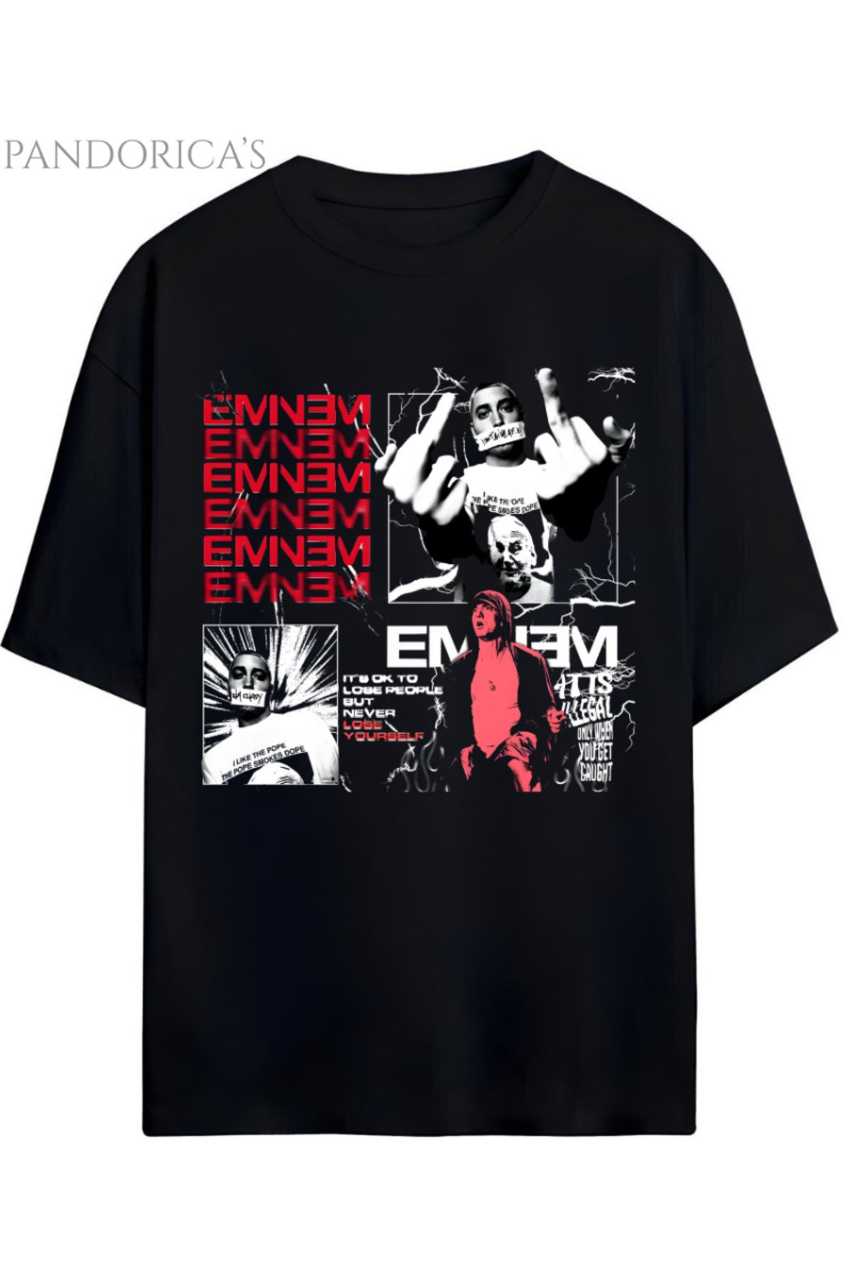 Siyah Eminem Tasarımı Baskılı Yazılı Pamuklu Unisex Tişört - 33
