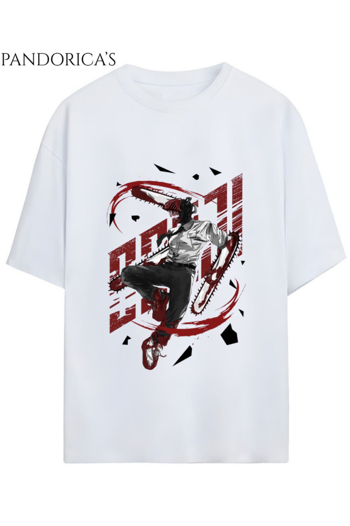 Beyaz Chainsaw Man Anime Tasarımı Yazılı Baskılı Unisex Pamuklu Relaxed Kalıp Tişört - 24