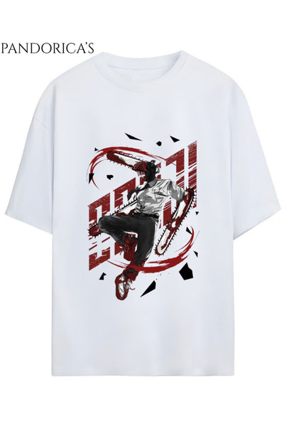 Chainsaw Man Anime Tasarımı Yazılı Baskılı Unisex Pamuklu Relaxed Kalıp Tişört