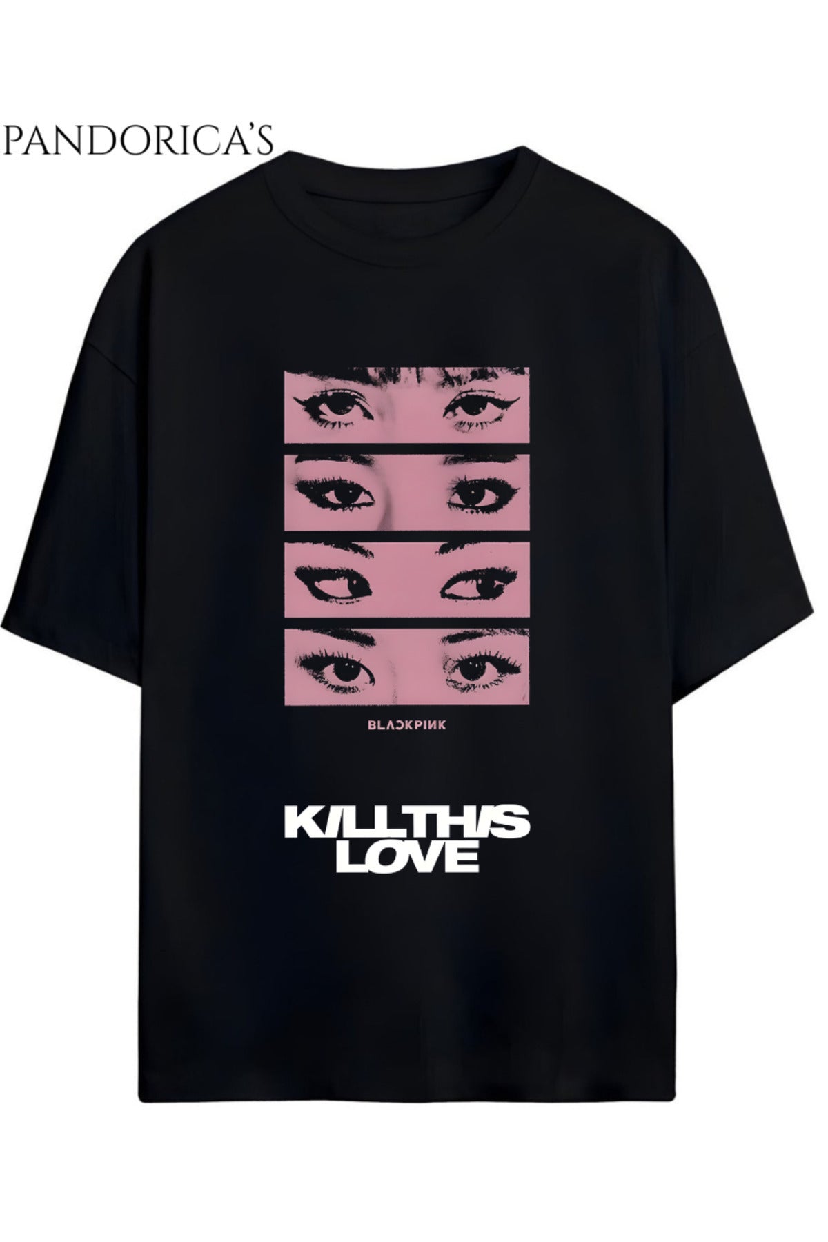 Siyah BLACKPINK Tasarım Serisi "Kill This Love" Yazılı Baskılı Unisex Relaxed Kalıp Tişört - 96