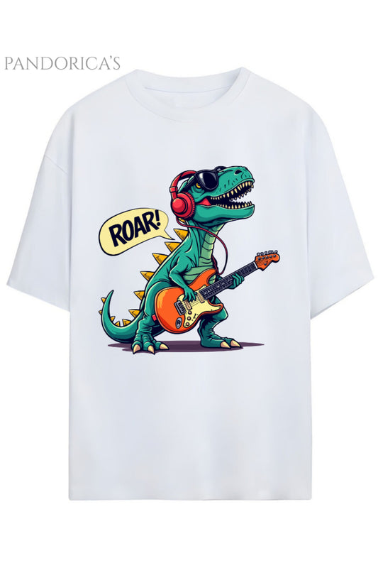 DİNO Tasarım Serisi Rocker Dino "ROAR STAR" Dinazor Baskılı Yazılı Pamuklu Unisex Tişört