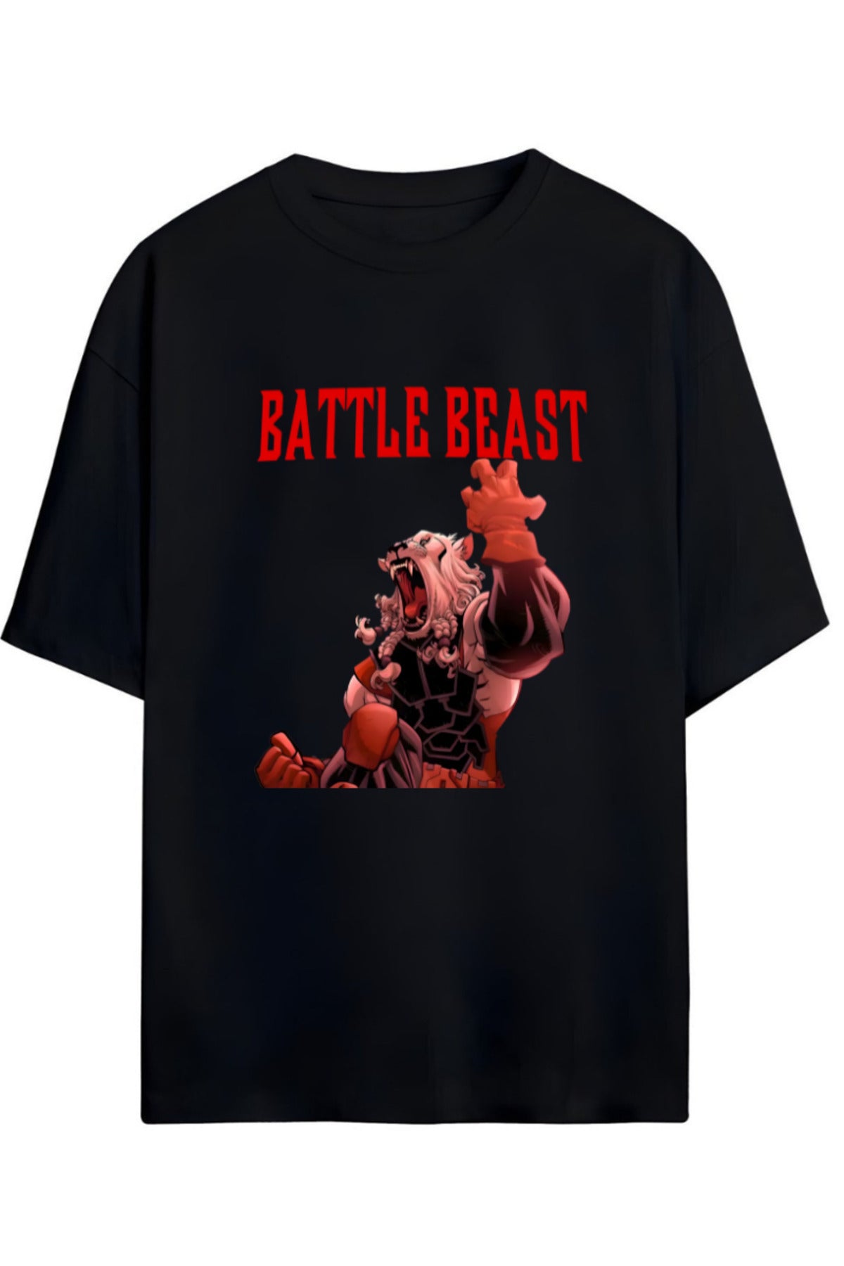 Siyah Invincible Battle Beast Baskılı Pamuklu Relaxed Kalıp Unisex Tişört - 73