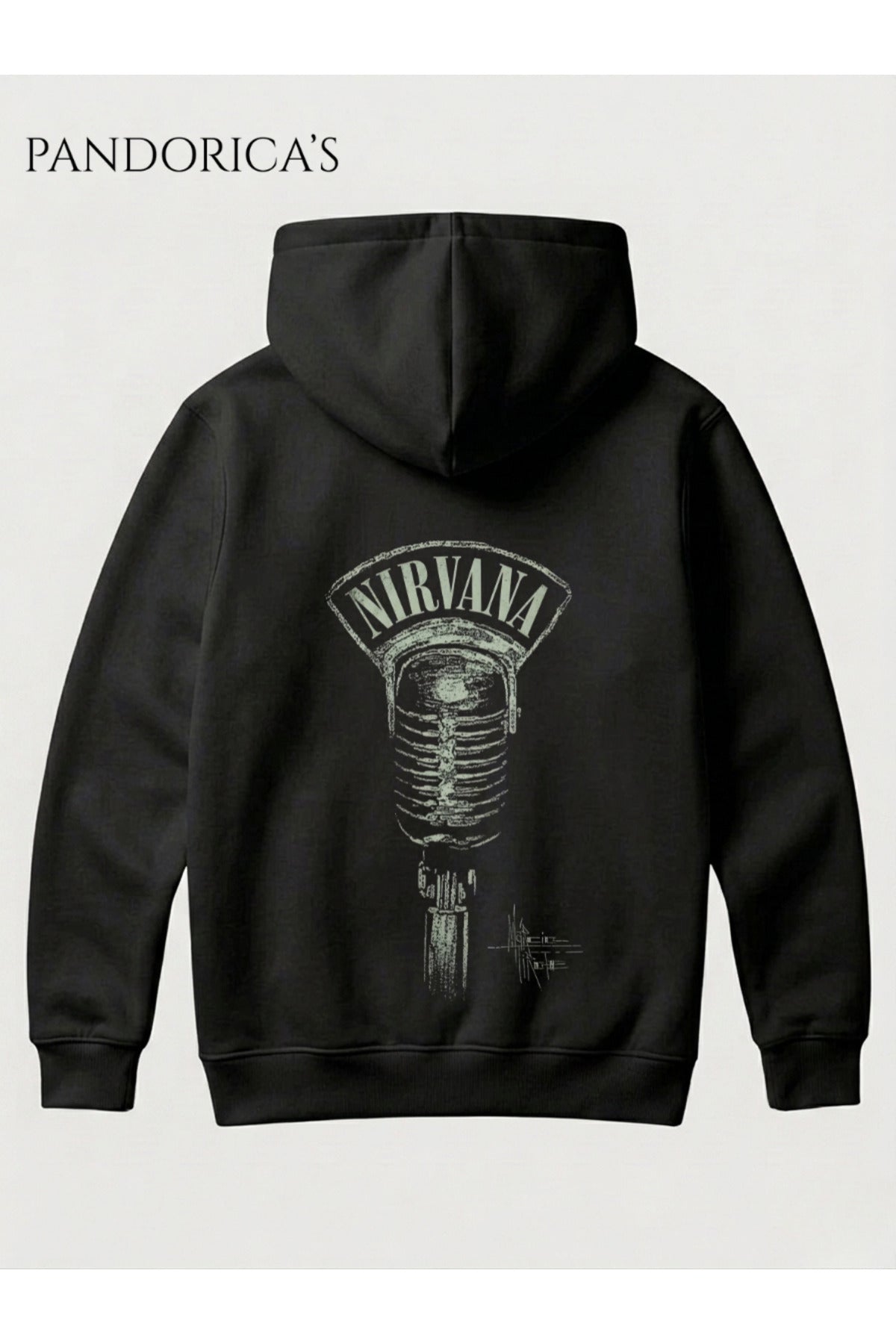 Siyah Nirvana Tasarımı Yazılı Sırt Baskılı Unisex Kapüşonlu Pamuklu Sweatshirt Kanguru Cep Hoodie - 15