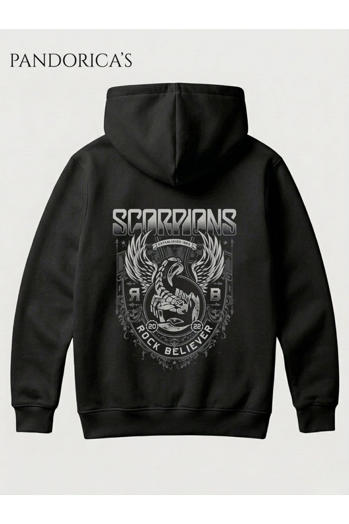 Siyah Scorpions Tasarımı Yazılı Sırt Baskılı Unisex Kapüşonlu Pamuklu Kanguru Cepli Sweatshirt Hoodie - 51