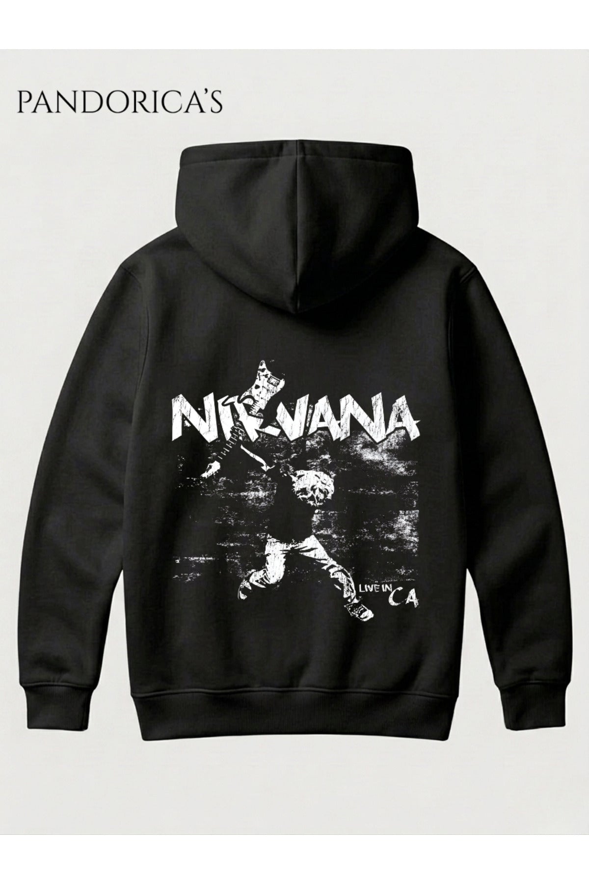 Siyah Nirvana Kurt Cobain Tasarımı Yazılı Sırt Baskılı Unisex Kapüşonlu Pamuklu Sweatshirt Kanguru Cep Hoodie - 114