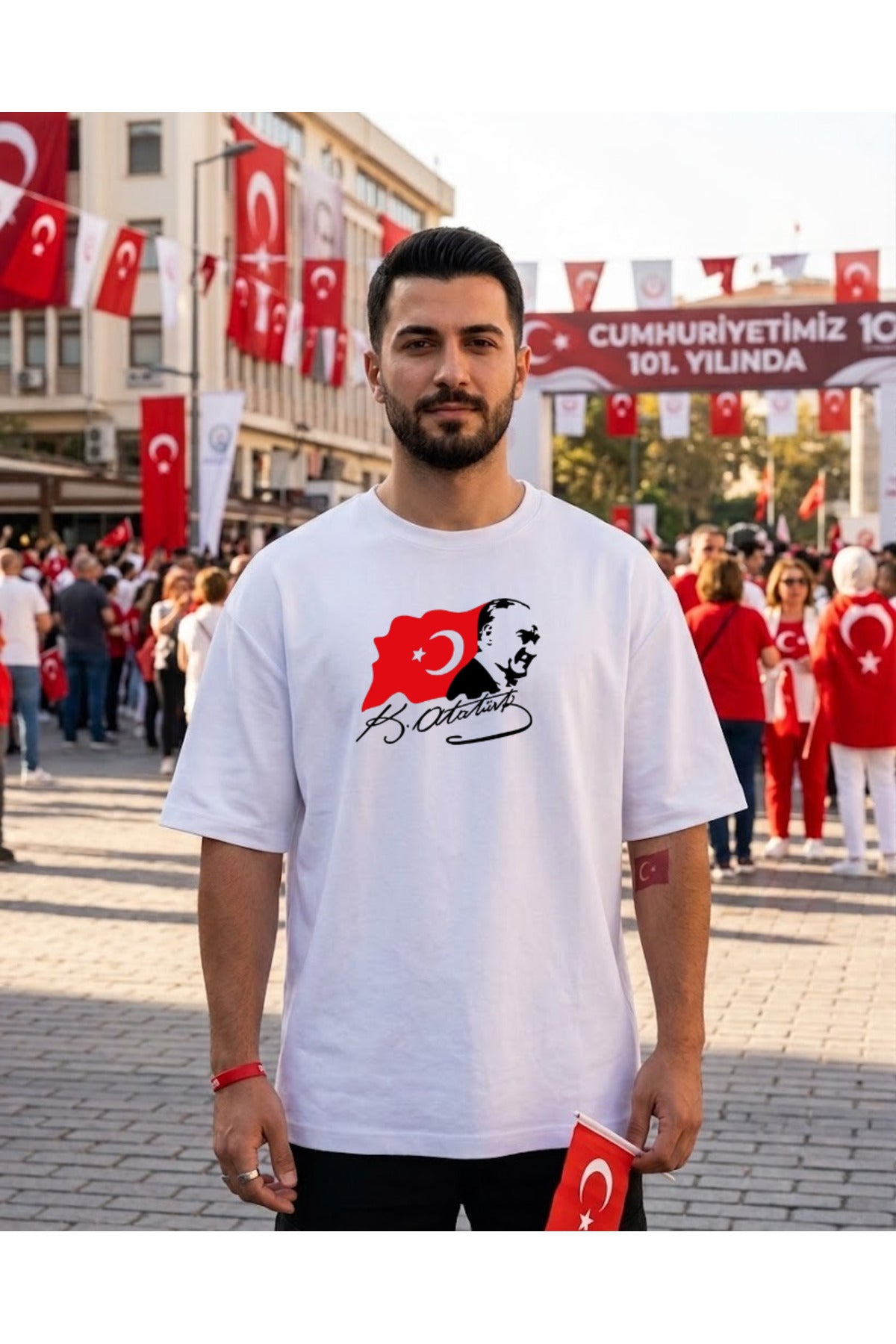 Beyaz Pandorica's Mustafa Kemal Atatürk Tasarımı İmzalı Baskılı Unisex Pamuklu T-Shirt - 23