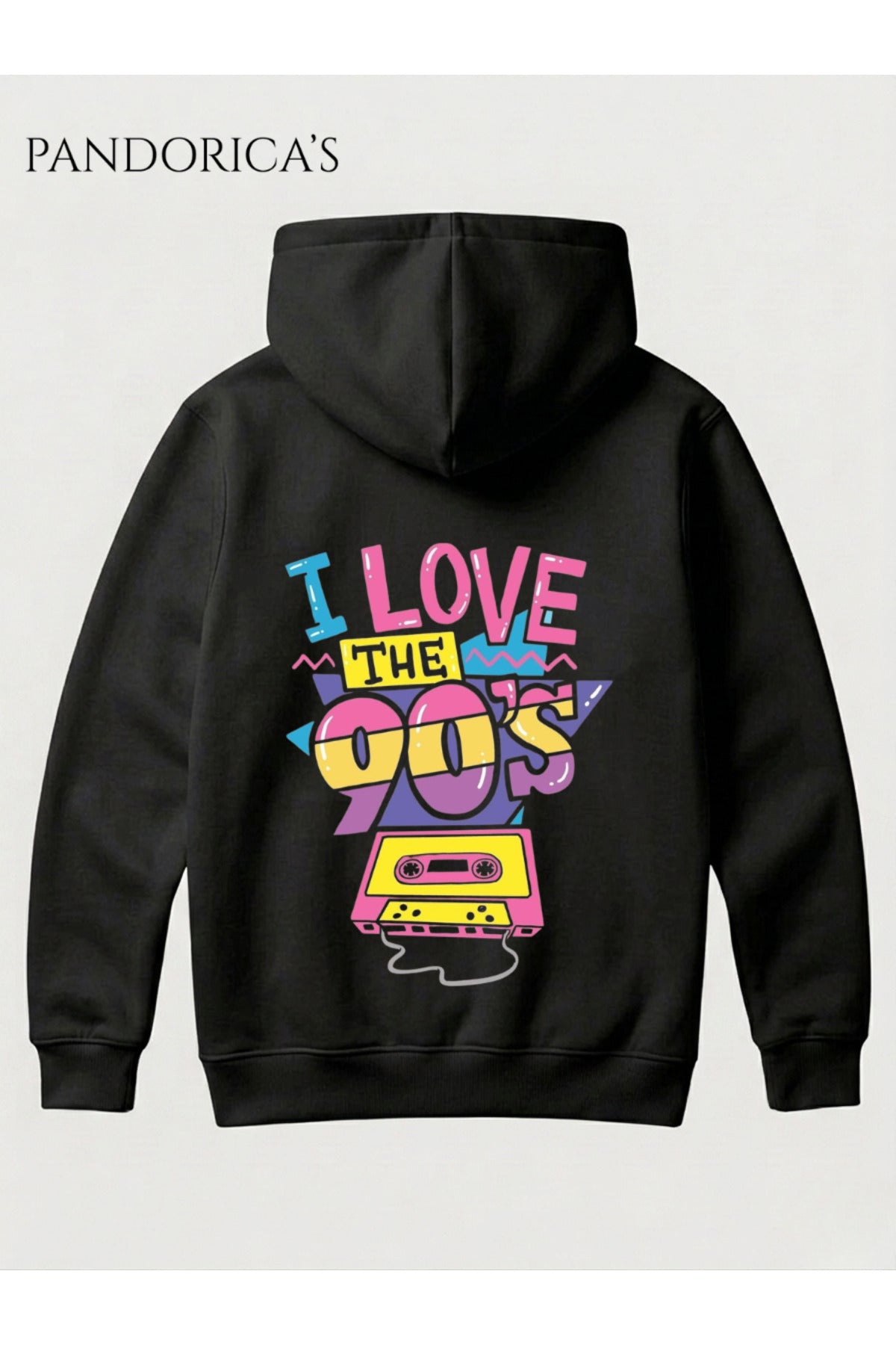 Siyah 90lar "I Love 90'S" Yazılı Retro Tasarımı Sırt Baskılı Unisex Kapüşonlu Pamuklu Sweatshirt Hoodie - 51