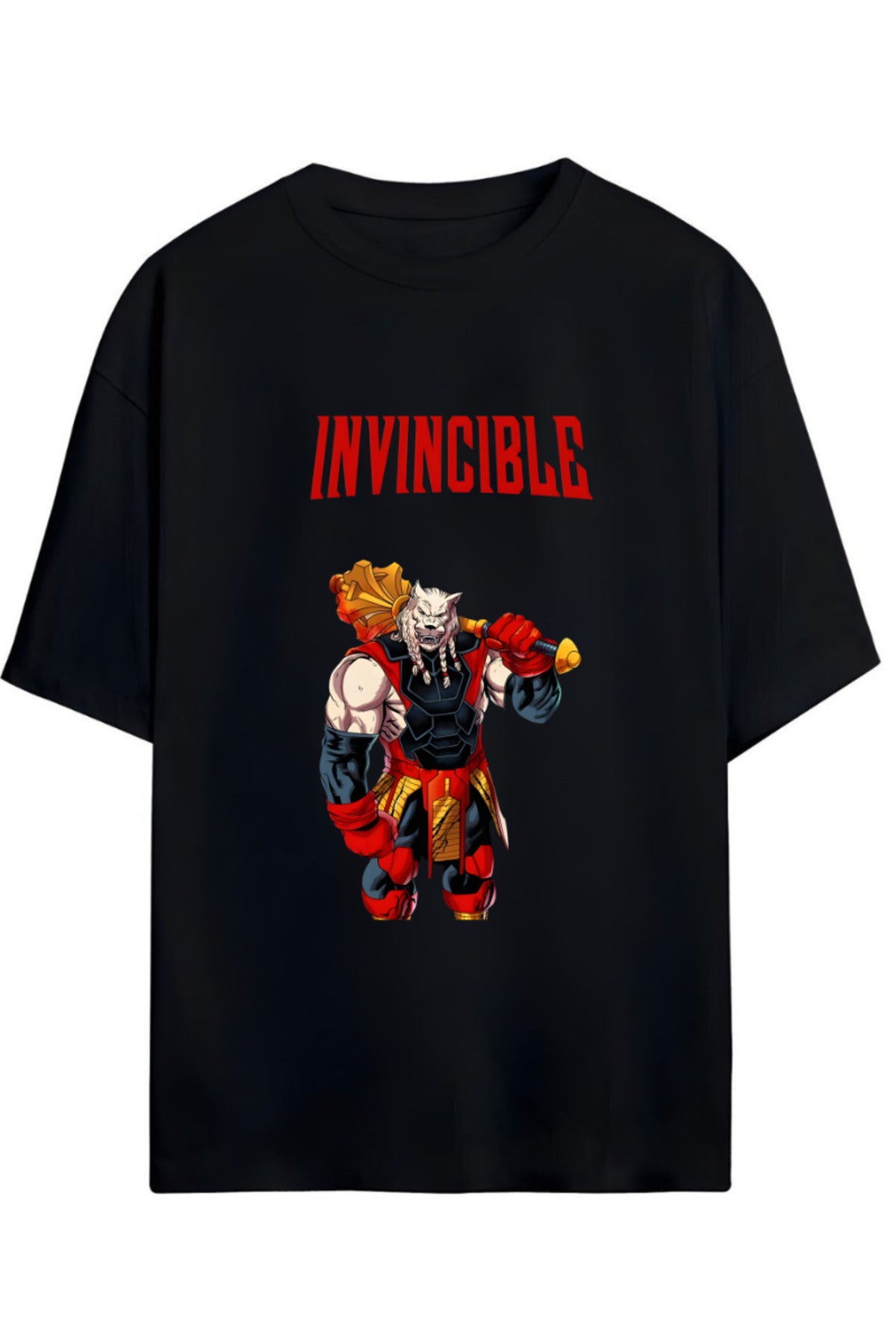 Siyah Invincible Battle Beast Baskılı Pamuklu Relaxed Kalıp Unisex Tişört - 77