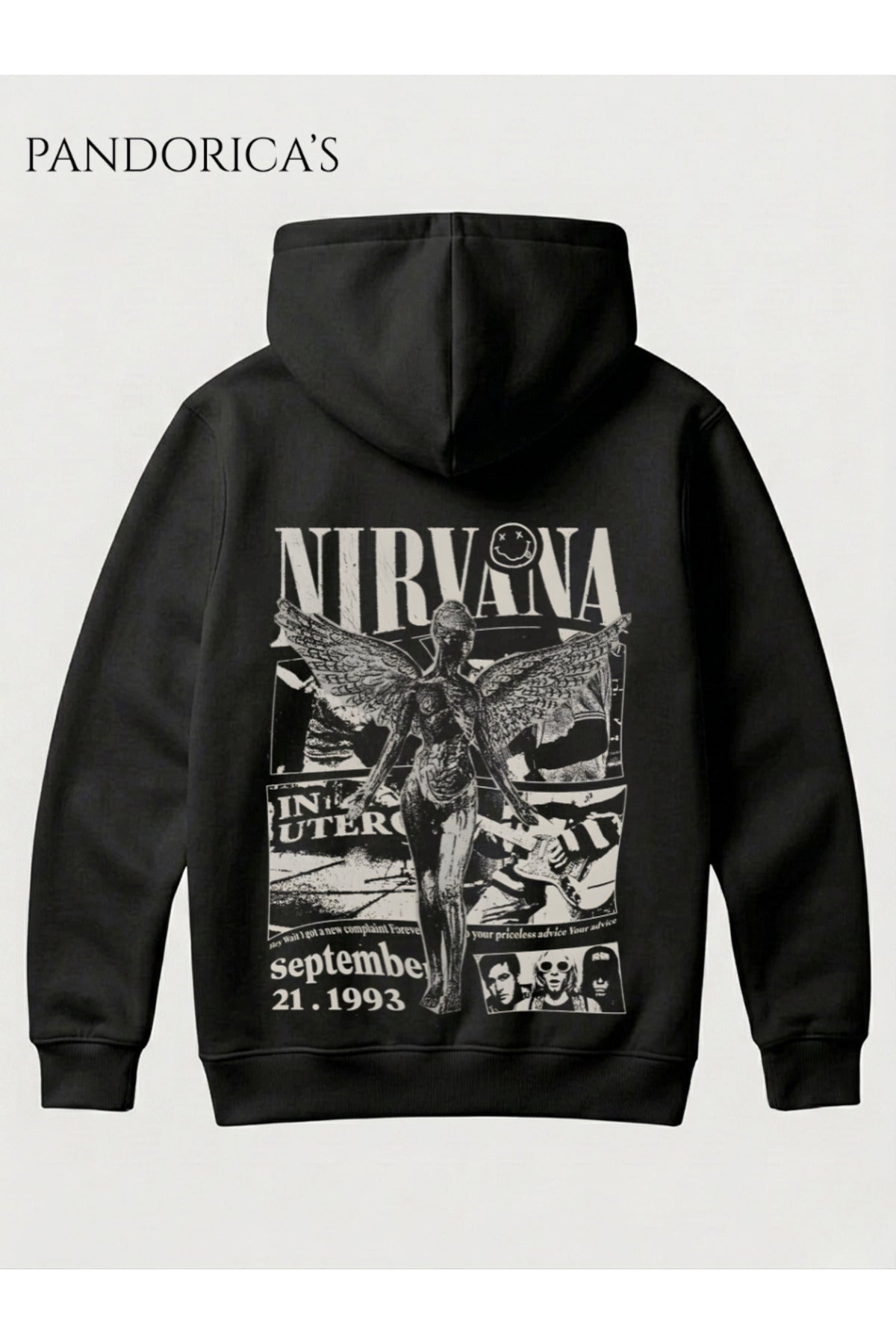 Nirvana "In Utero" Tasarımı Yazılı Sırt Baskılı Unisex Kapüşonlu Pamuklu Sweatshirt Kanguru Hoodie