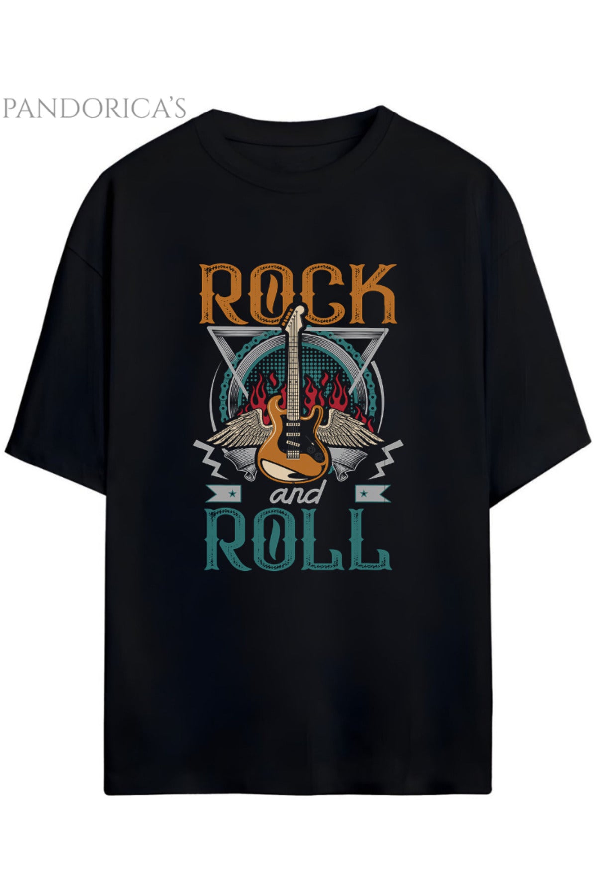 Siyahc Pandorica's Rock Tasarım Serisi Rock&Roll Yazılı Gitar Baskılı Unisex Pamuklu T-Shirt - 89