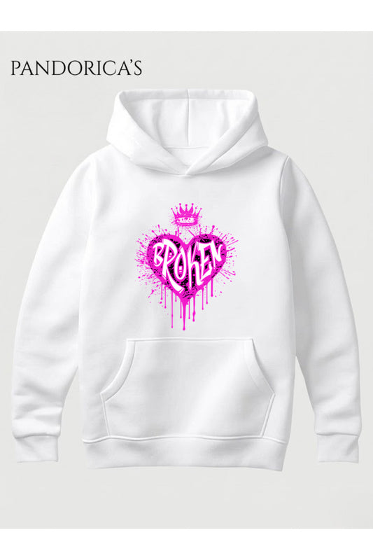 Unisex Broken Kalp Baskılı Pembe Graffitili Kapüşonlu Sweatshirt Pamuklu Hoodie
