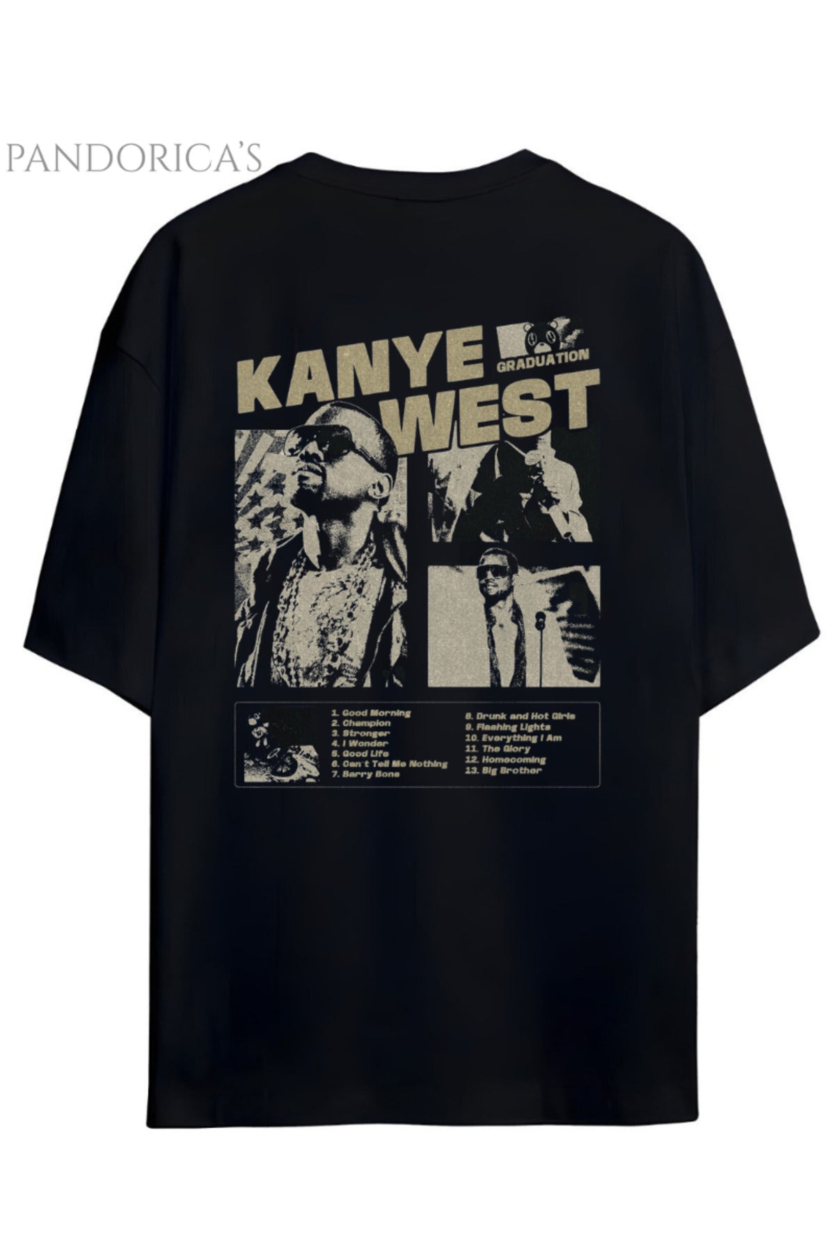 Siyah Pandorica's Kanye West Tasarımı Sırt Baskılı Unisex Pamuklu T-Shirt - 13