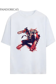Chainsaw Man Anime Tasarımı Yazılı Baskılı Unisex Pamuklu Relaxed Kalıp Tişört