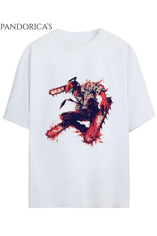Chainsaw Man Anime Tasarımı Yazılı Baskılı Unisex Pamuklu Relaxed Kalıp Tişört